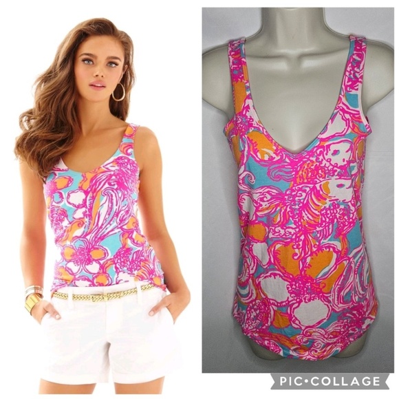 Womens Lilly Pulitzer Tabbie Feeling Tanked Shorely Blue V Neck Tank Top Size S - Picture 1 of 10